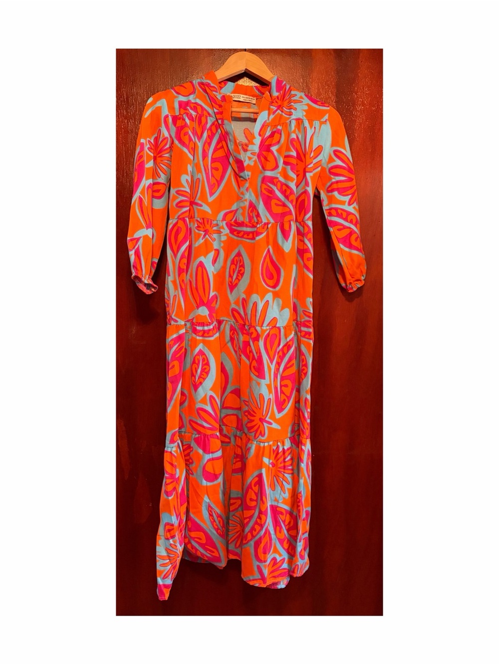 Women’s Bright Orange & Pink Floral Dress with Blue Accents - Picture 5 of 5
